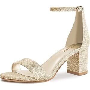 New Pizz Annu Womens 7.5W Wide Gold Glitter Open Toe Ankle Strap 2" Block Heels